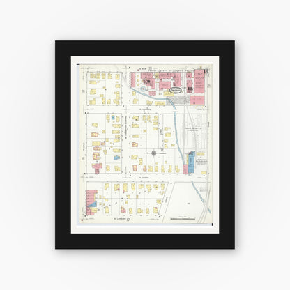 Old map wall art mockup — black gallery frame with white mat — Sanborn Fire Insurance Map from Owosso, Shiawassee County, Michigan (1915), Sheet #0018