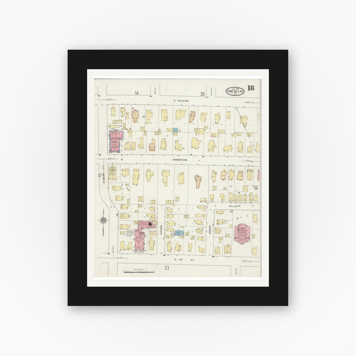 Old map wall art mockup — black gallery frame with white mat — Sanborn Fire Insurance Map from Fond du Lac, Fond du Lac County, Wisconsin (1915), Sheet #0018