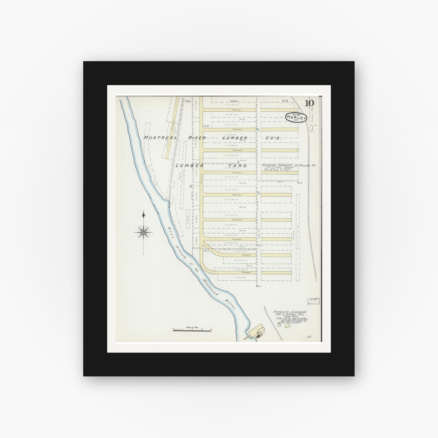 Old map wall art mockup — black gallery frame with white mat — Sanborn Fire Insurance Map from Hurley, Iron County, Wisconsin (1891), Sheet #0010