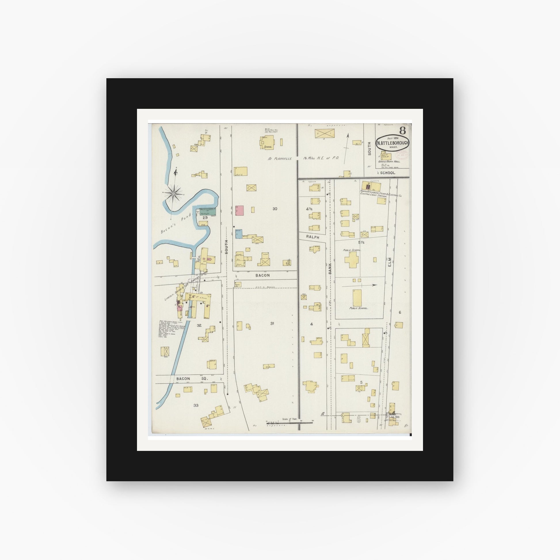 Old map wall art mockup — black gallery frame with white mat — Sanborn Fire Insurance Map from North Attleborough, Bristol County, Massachusetts (1894), Sheet #0008