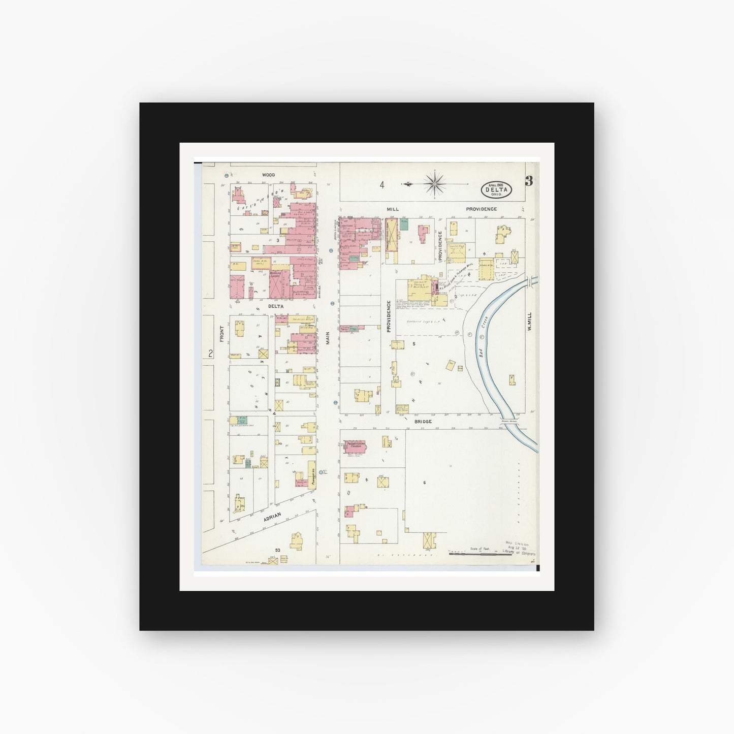 Old map wall art mockup — black gallery frame with white mat — Sanborn Fire Insurance Map from Delta, Fulton County, Ohio (1905), Sheet #0003