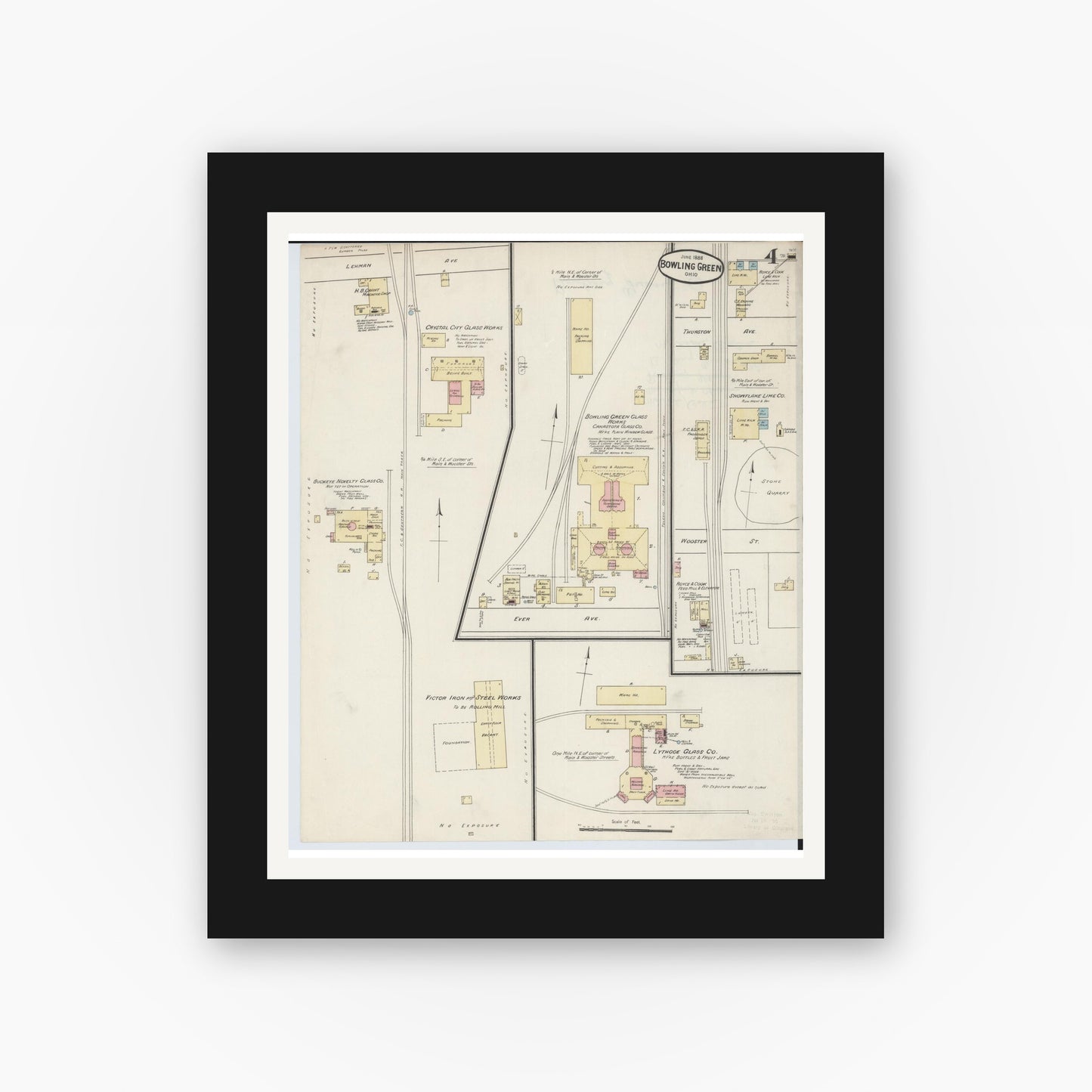 Old map wall art mockup — black gallery frame with white mat — Sanborn Fire Insurance Map from Bowling Green, Wood County, Ohio (1888), Sheet #0004