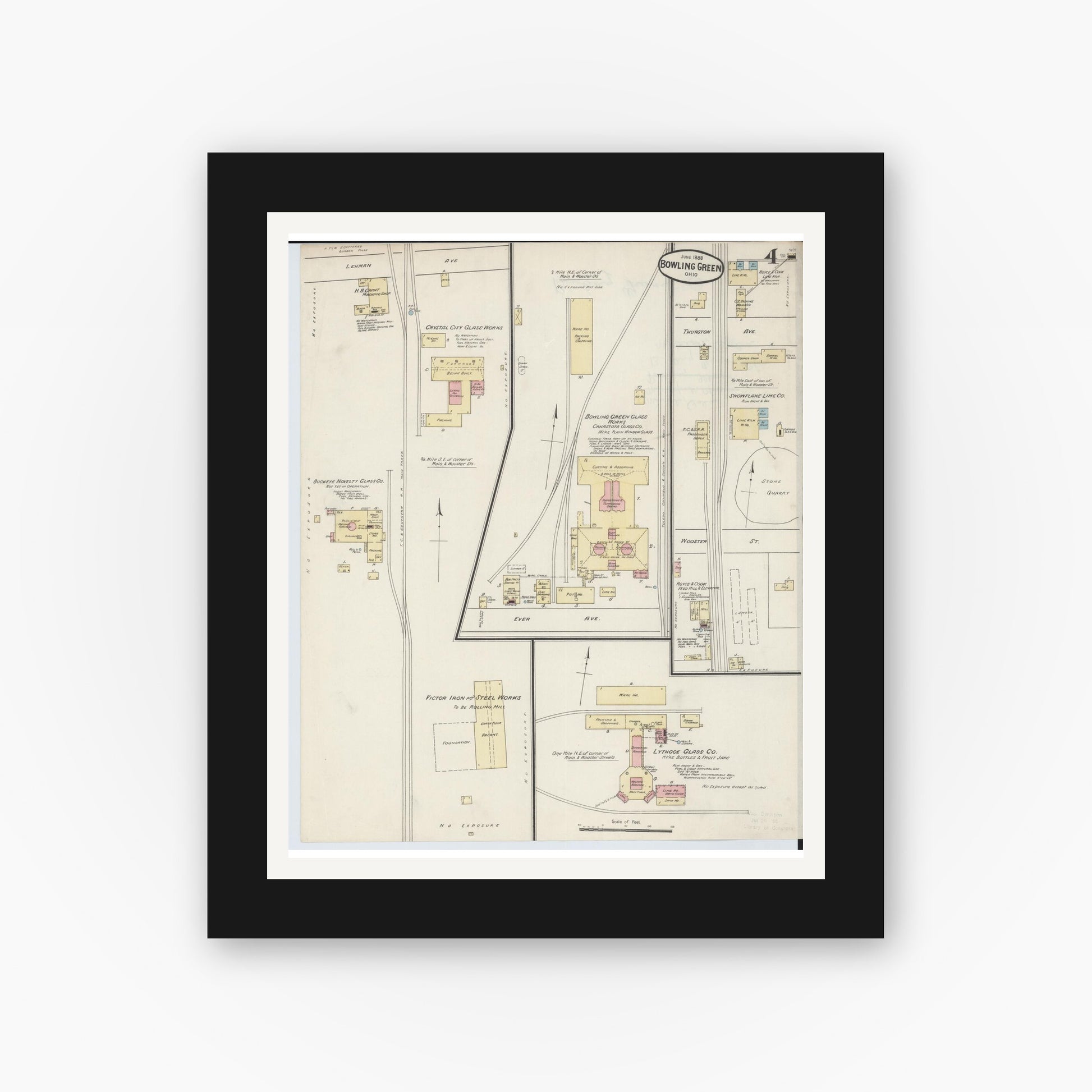 Old map wall art mockup — black gallery frame with white mat — Sanborn Fire Insurance Map from Bowling Green, Wood County, Ohio (1888), Sheet #0004