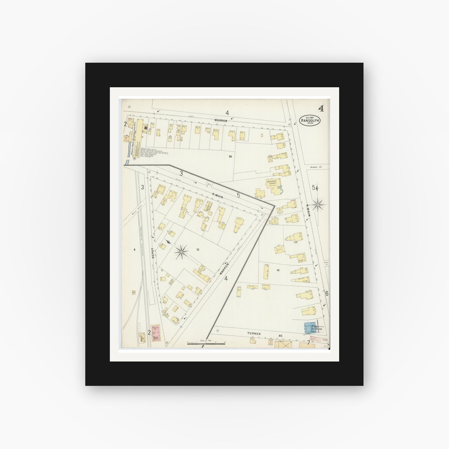 Old map wall art mockup — black gallery frame with white mat — Sanborn Fire Insurance Map from Randolph, Norfolk County, Massachusetts (1897), Sheet #0004