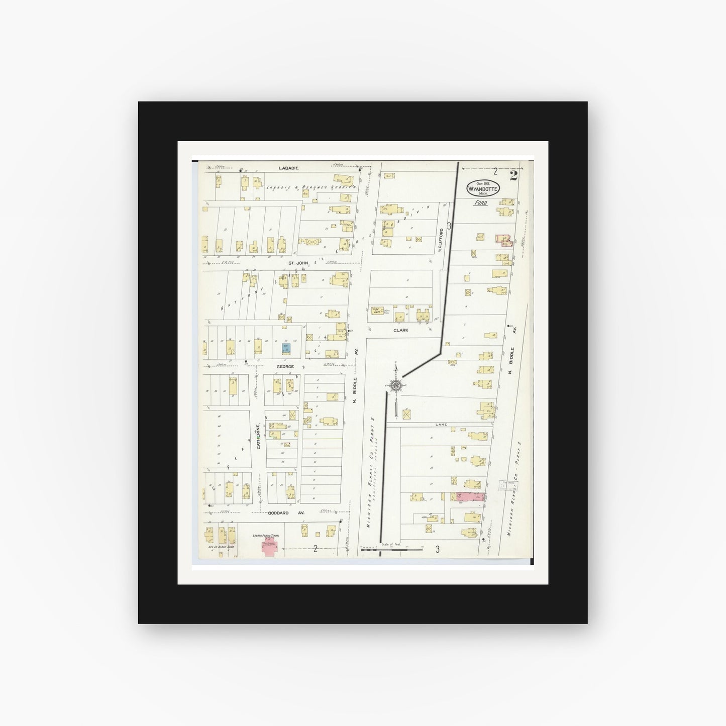 Old map wall art mockup — black gallery frame with white mat — Sanborn Fire Insurance Map from Wyandotte, Wayne County, Michigan (1912), Sheet #0002