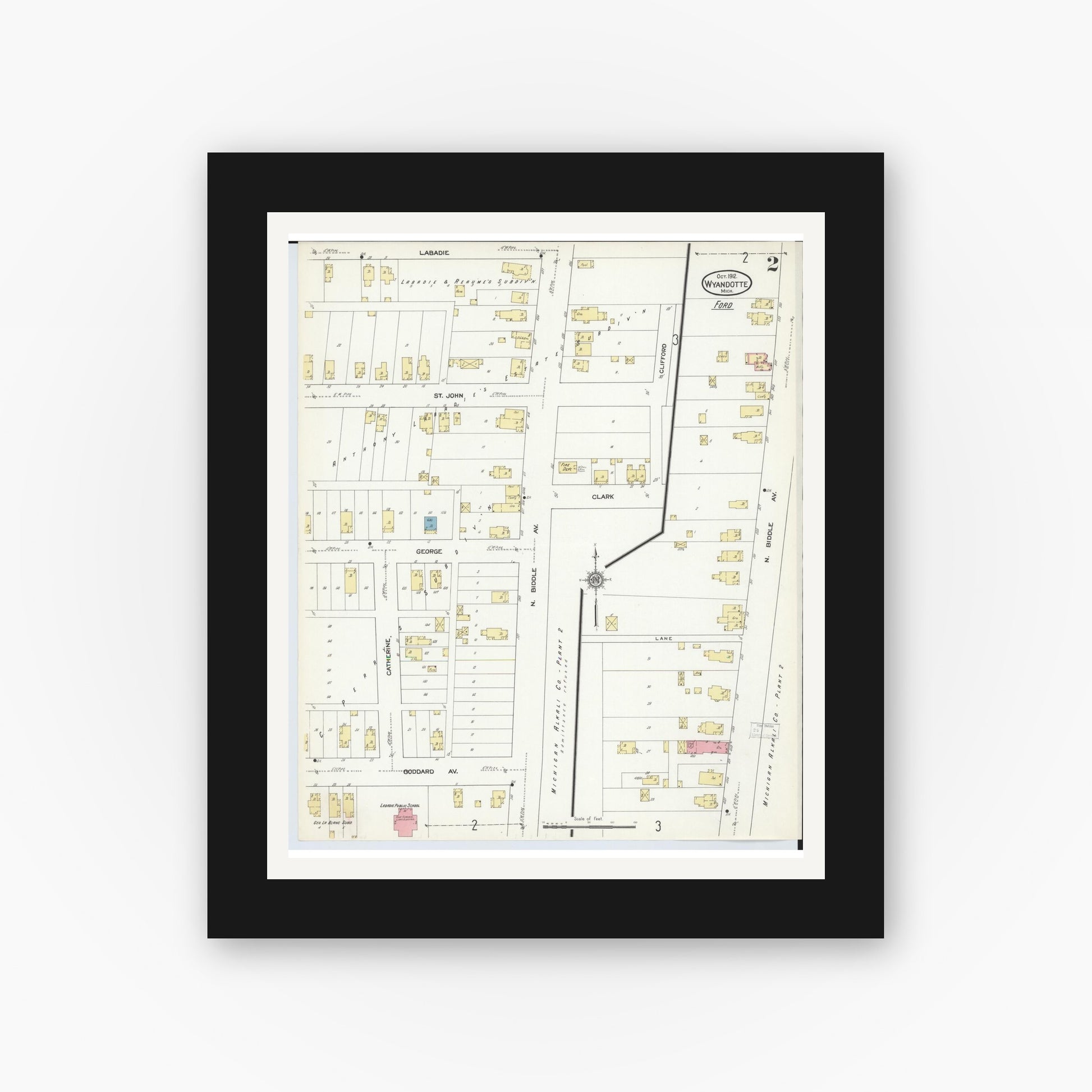 Old map wall art mockup — black gallery frame with white mat — Sanborn Fire Insurance Map from Wyandotte, Wayne County, Michigan (1912), Sheet #0002