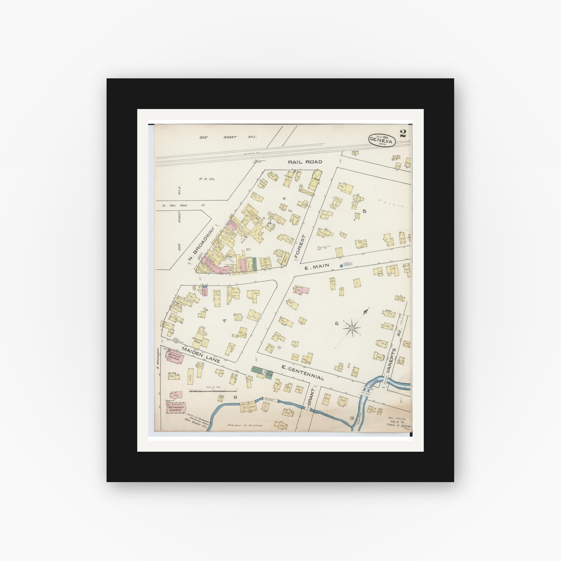 Old map wall art mockup — black gallery frame with white mat — Sanborn Fire Insurance Map from Geneva, Ashtabula County, Ohio (1885), Sheet #0002