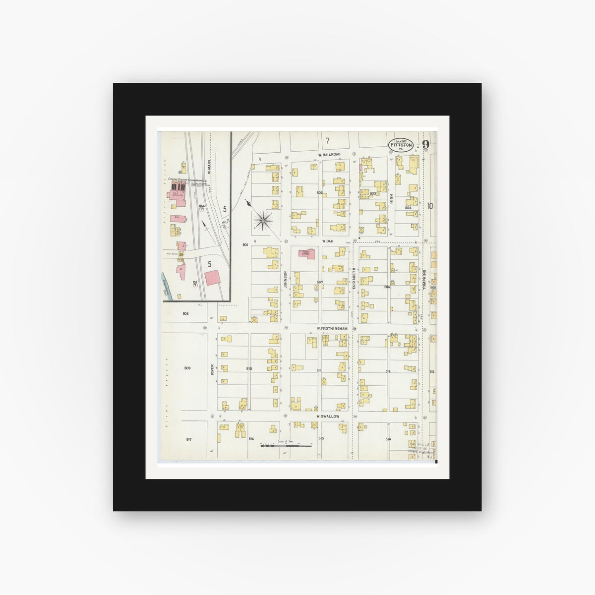 Old map wall art mockup — black gallery frame with white mat — Sanborn Fire Insurance Map from Pittston, Luzerne County, Pennsylvania (1903), Sheet #0009