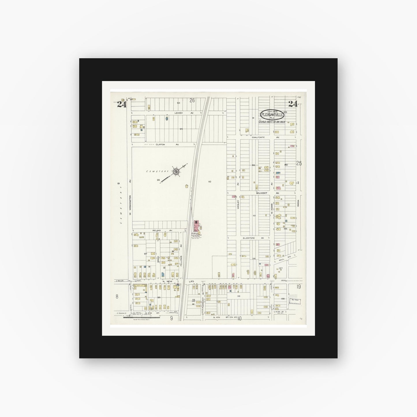 Old map wall art mockup — black gallery frame with white mat — Sanborn Fire Insurance Map from Pleasantville, Atlantic County, New Jersey (1924), Sheet #0024