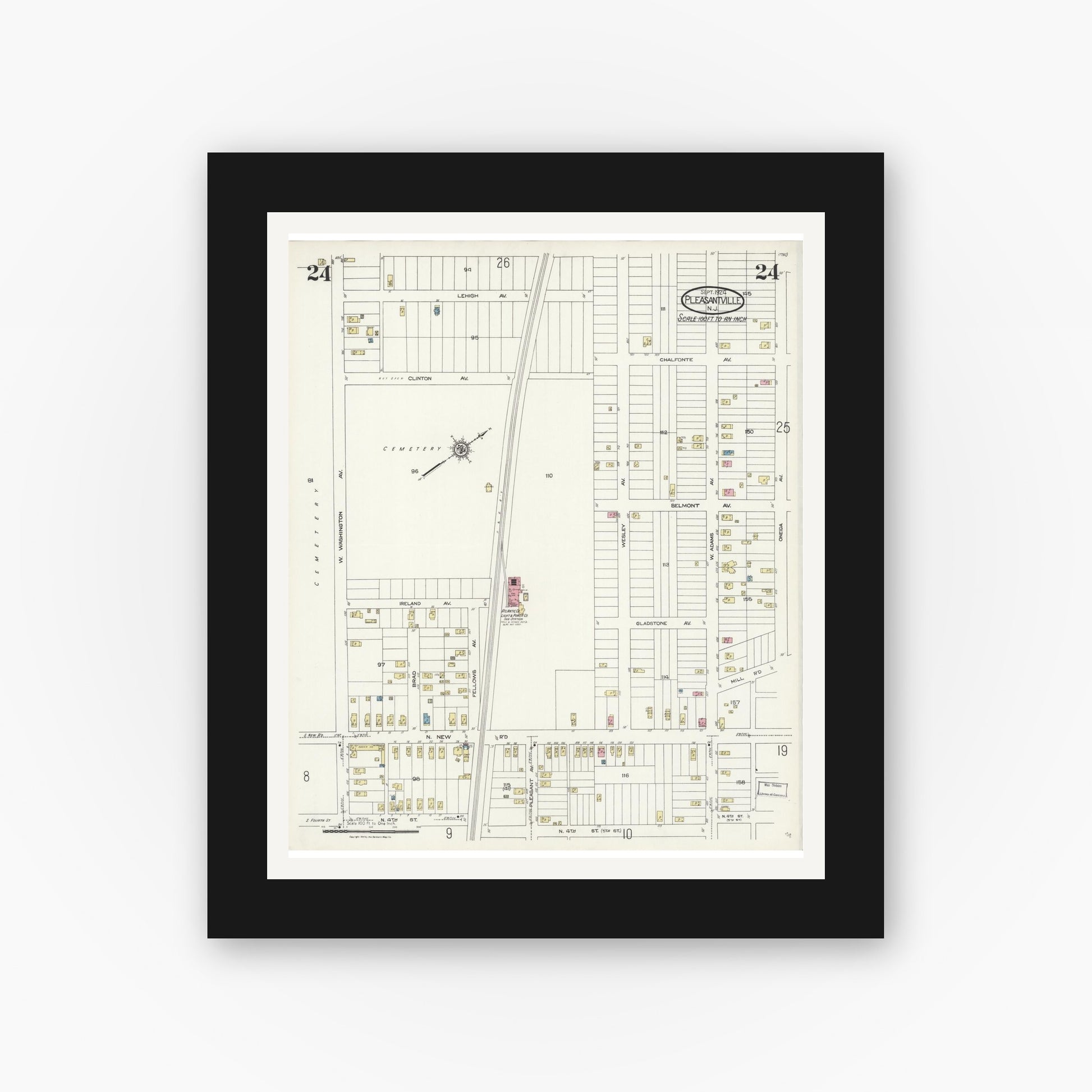 Old map wall art mockup — black gallery frame with white mat — Sanborn Fire Insurance Map from Pleasantville, Atlantic County, New Jersey (1924), Sheet #0024