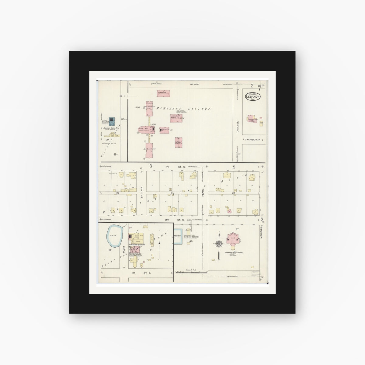 Old map wall art mockup — black gallery frame with white mat — Sanborn Fire Insurance Map from Lebanon, Saint Clair County, Illinois (1914), Sheet #0007
