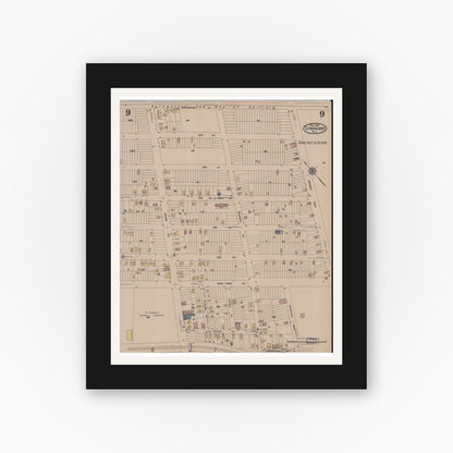 Old map wall art mockup — black gallery frame with white mat — Sanborn Fire Insurance Map from Lyndhurst, Bergen County, New Jersey (1922), Sheet #0009
