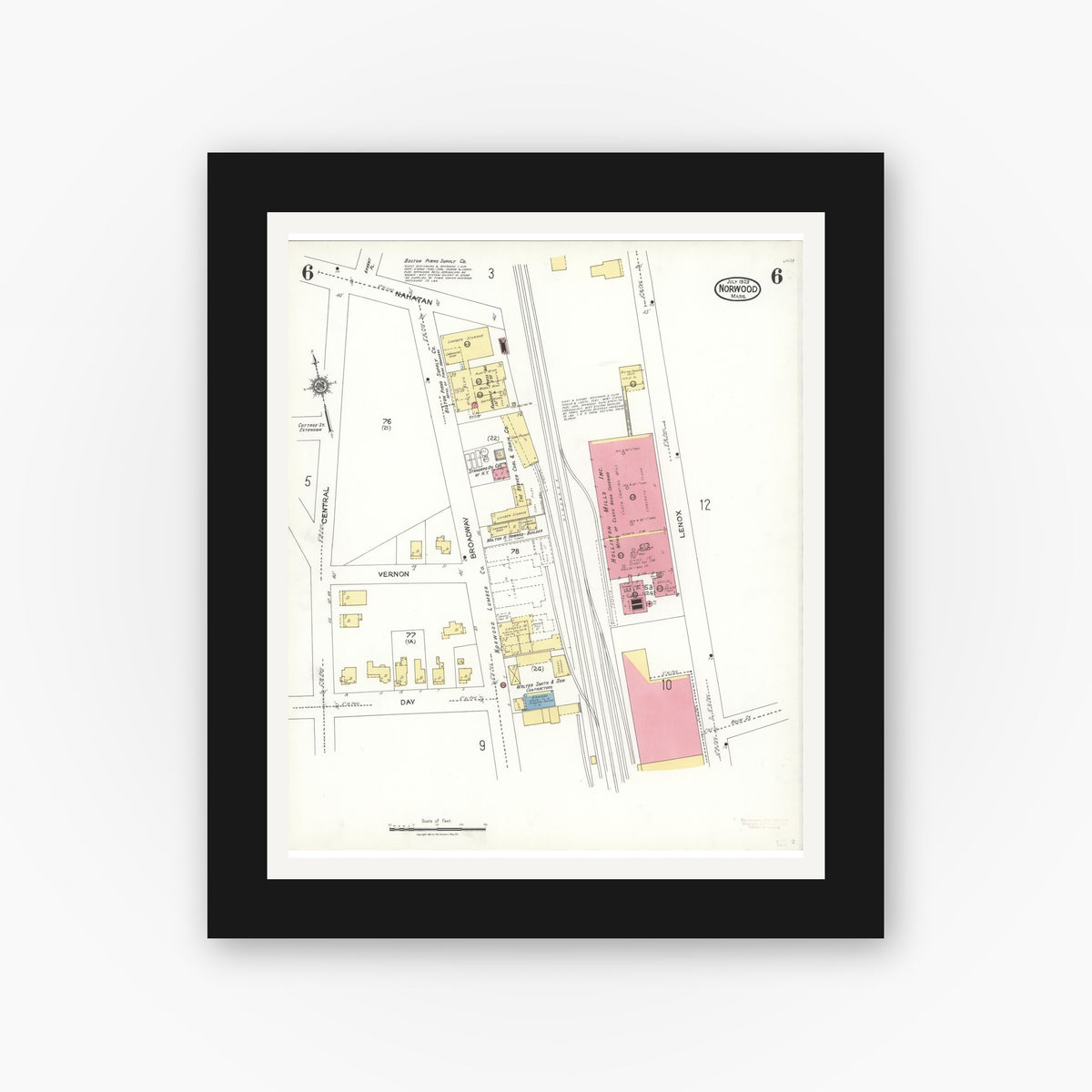 Old map wall art mockup — black gallery frame with white mat — Sanborn Fire Insurance Map from Norwood, Norfolk County, Massachusetts (1923), Sheet #0006