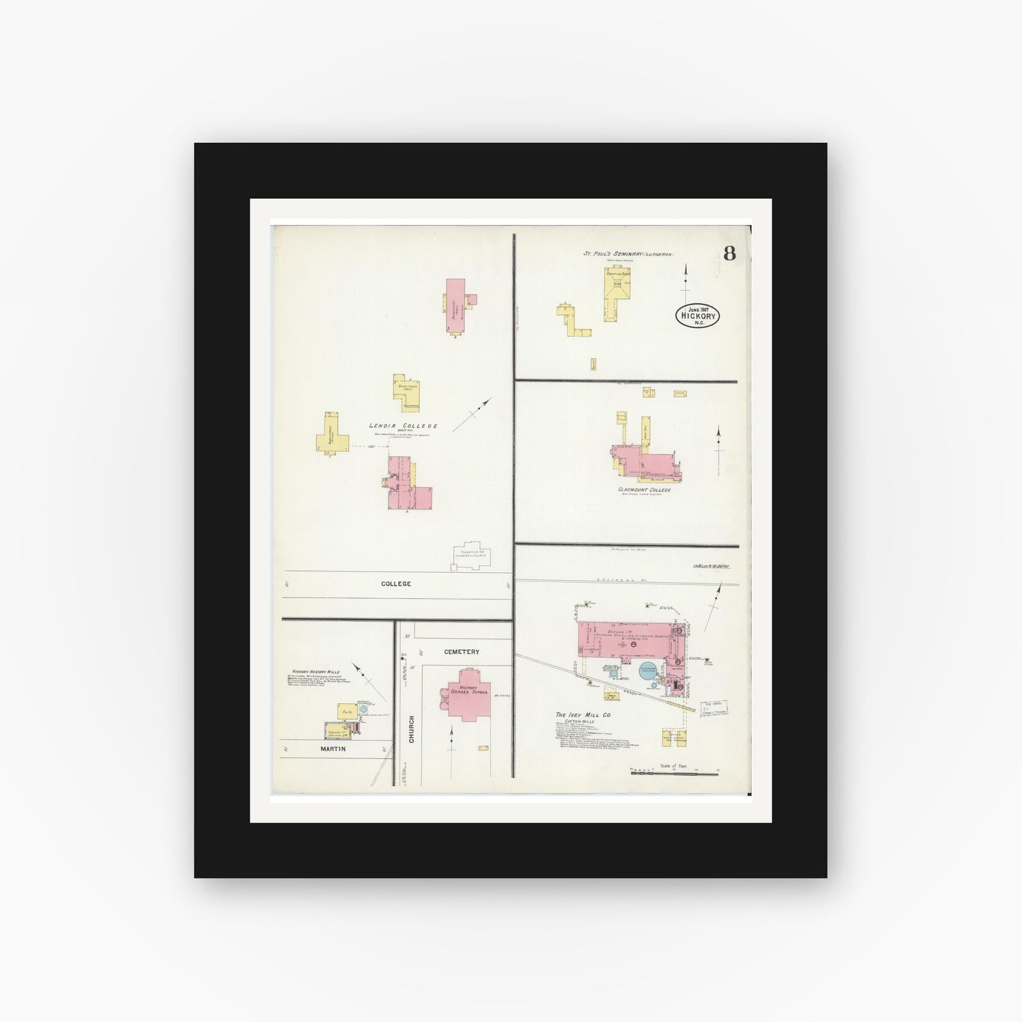 Old map wall art mockup — black gallery frame with white mat — Sanborn Fire Insurance Map from Hickory, Catawba County, North Carolina (1907), Sheet #0008