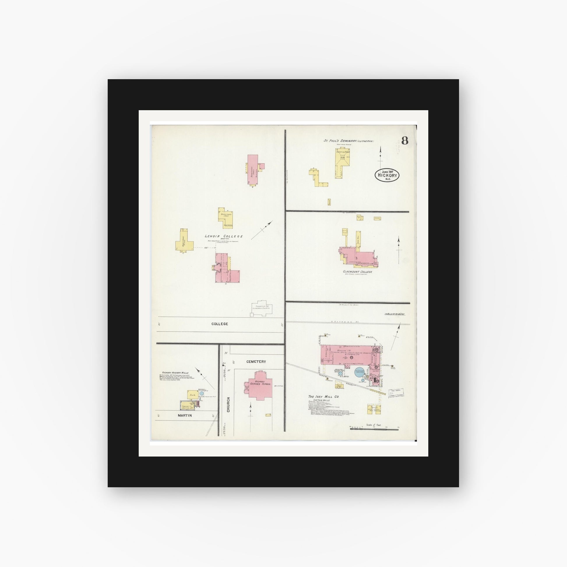 Old map wall art mockup — black gallery frame with white mat — Sanborn Fire Insurance Map from Hickory, Catawba County, North Carolina (1907), Sheet #0008