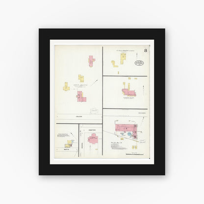 Old map wall art mockup — black gallery frame with white mat — Sanborn Fire Insurance Map from Hickory, Catawba County, North Carolina (1907), Sheet #0008