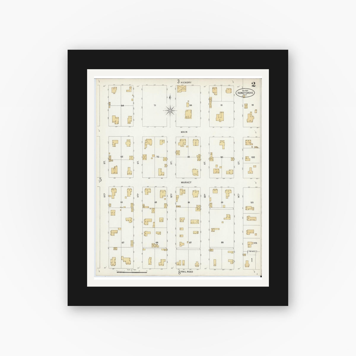 Old map wall art mockup — black gallery frame with white mat — Sanborn Fire Insurance Map from Honey Grove, Fannin County, Texas (1897), Sheet #0002