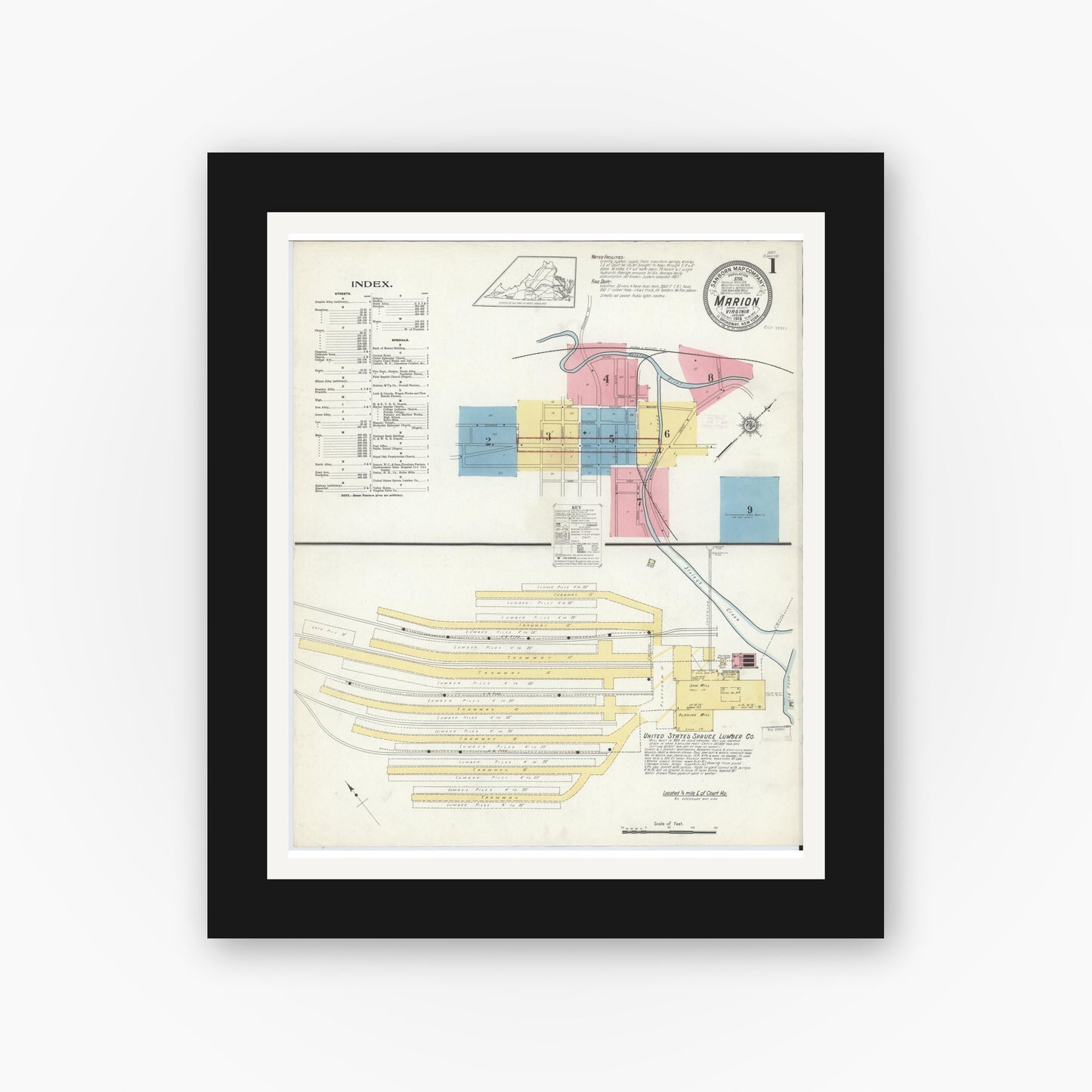 Old map wall art mockup — black gallery frame with white mat — Sanborn Fire Insurance Map from Marion, Smyth County, Virginia (1913) - Complete Map Set