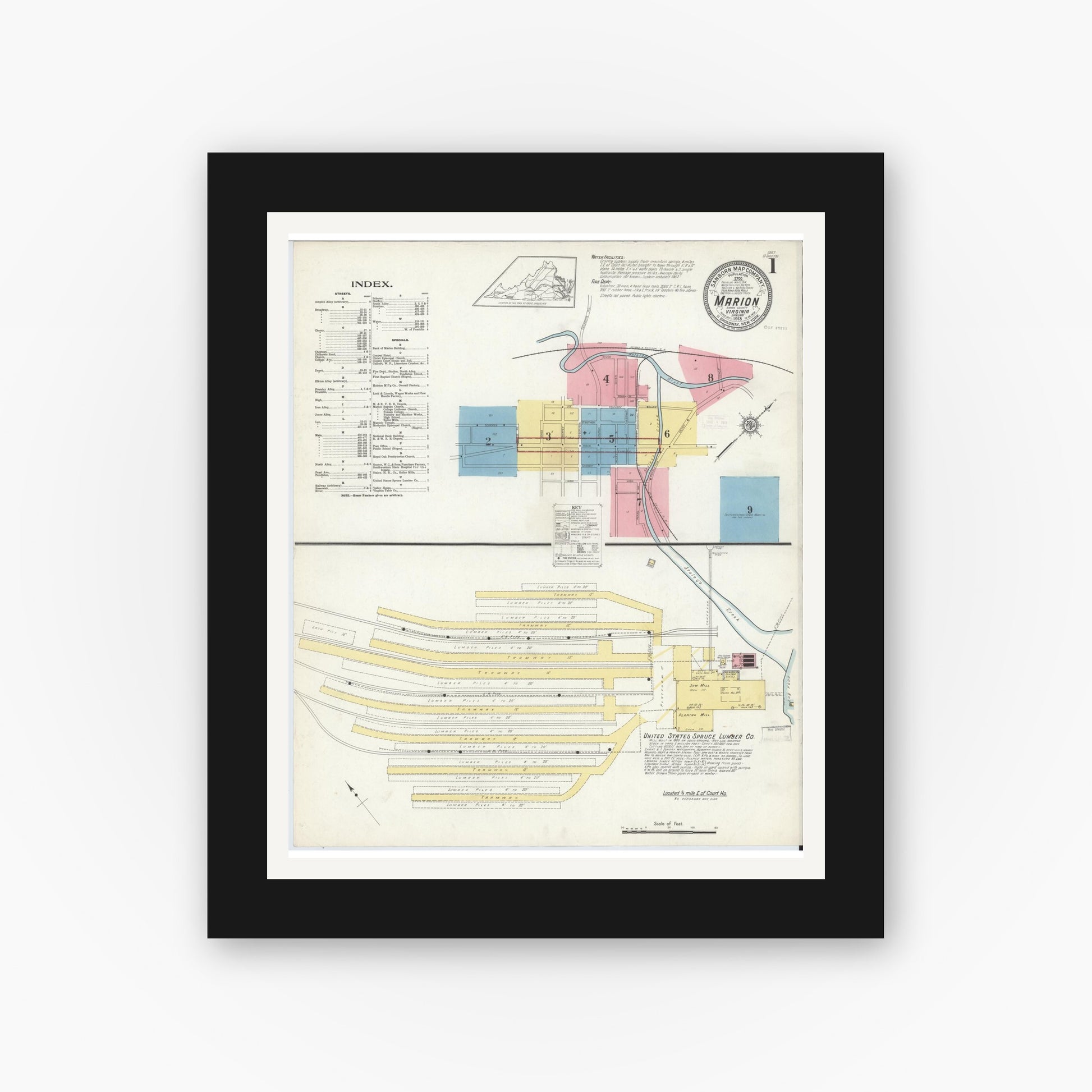 Old map wall art mockup — black gallery frame with white mat — Sanborn Fire Insurance Map from Marion, Smyth County, Virginia (1913) - Complete Map Set