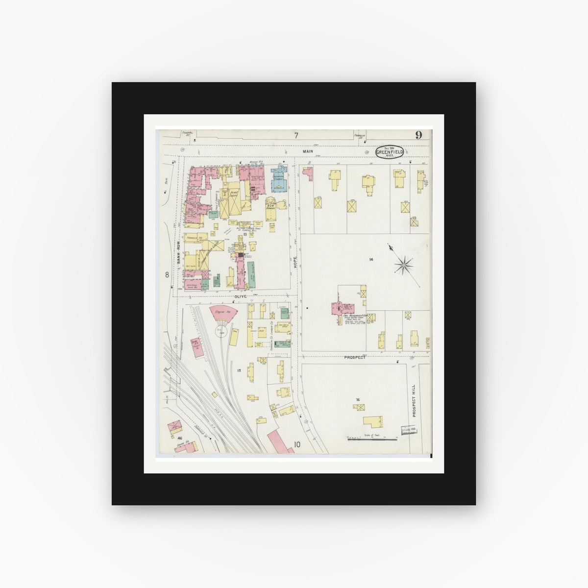 Old map wall art mockup — black gallery frame with white mat — Sanborn Fire Insurance Map from Greenfield, Franklin County, Massachusetts (1896), Sheet #0009