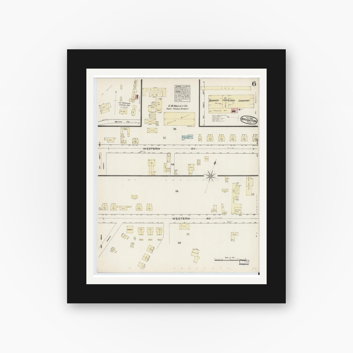Old map wall art mockup — black gallery frame with white mat — Sanborn Fire Insurance Map from Brighton, Suffolk County, Massachusetts (1884), Sheet #0006