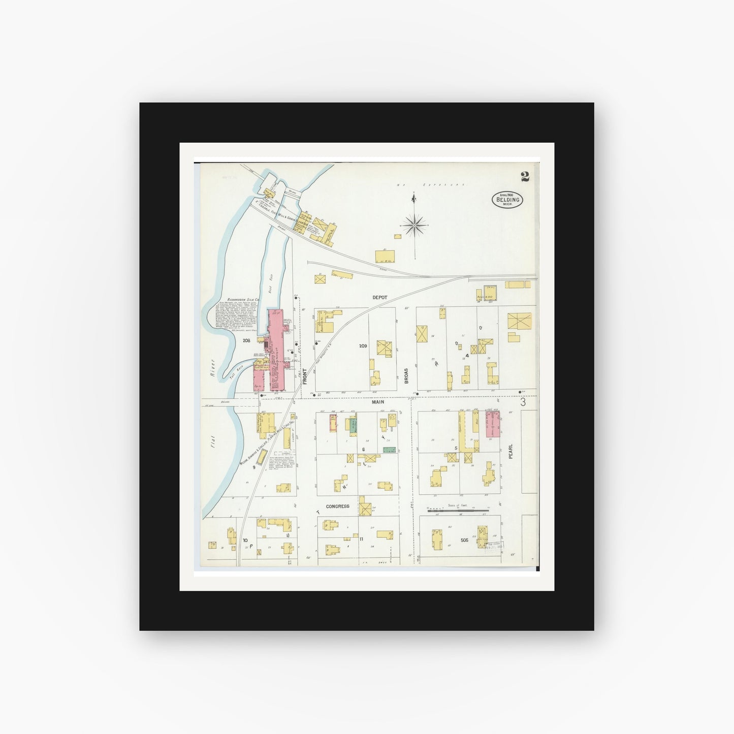 Old map wall art mockup — black gallery frame with white mat — Sanborn Fire Insurance Map from Belding, Ionia County, Michigan (1900), Sheet #0002