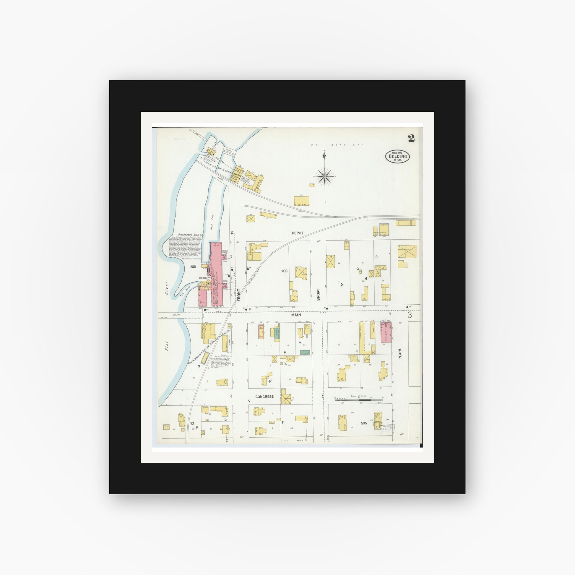 Old map wall art mockup — black gallery frame with white mat — Sanborn Fire Insurance Map from Belding, Ionia County, Michigan (1900), Sheet #0002
