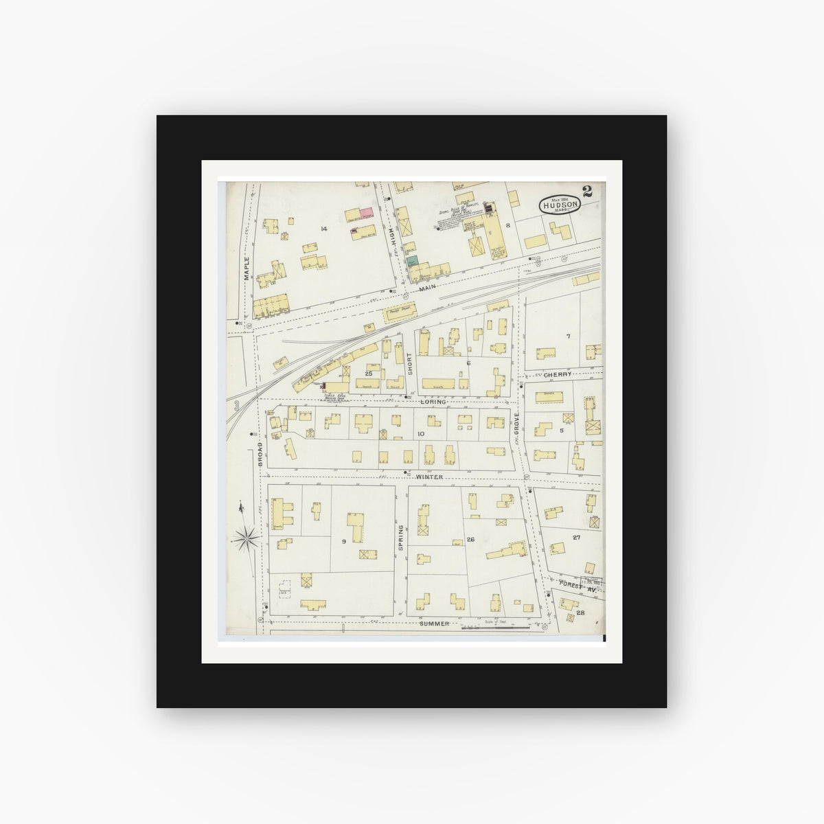 Old map wall art mockup — black gallery frame with white mat — Sanborn Fire Insurance Map from Hudson, Middlesex County, Massachusetts (1894), Sheet #0002