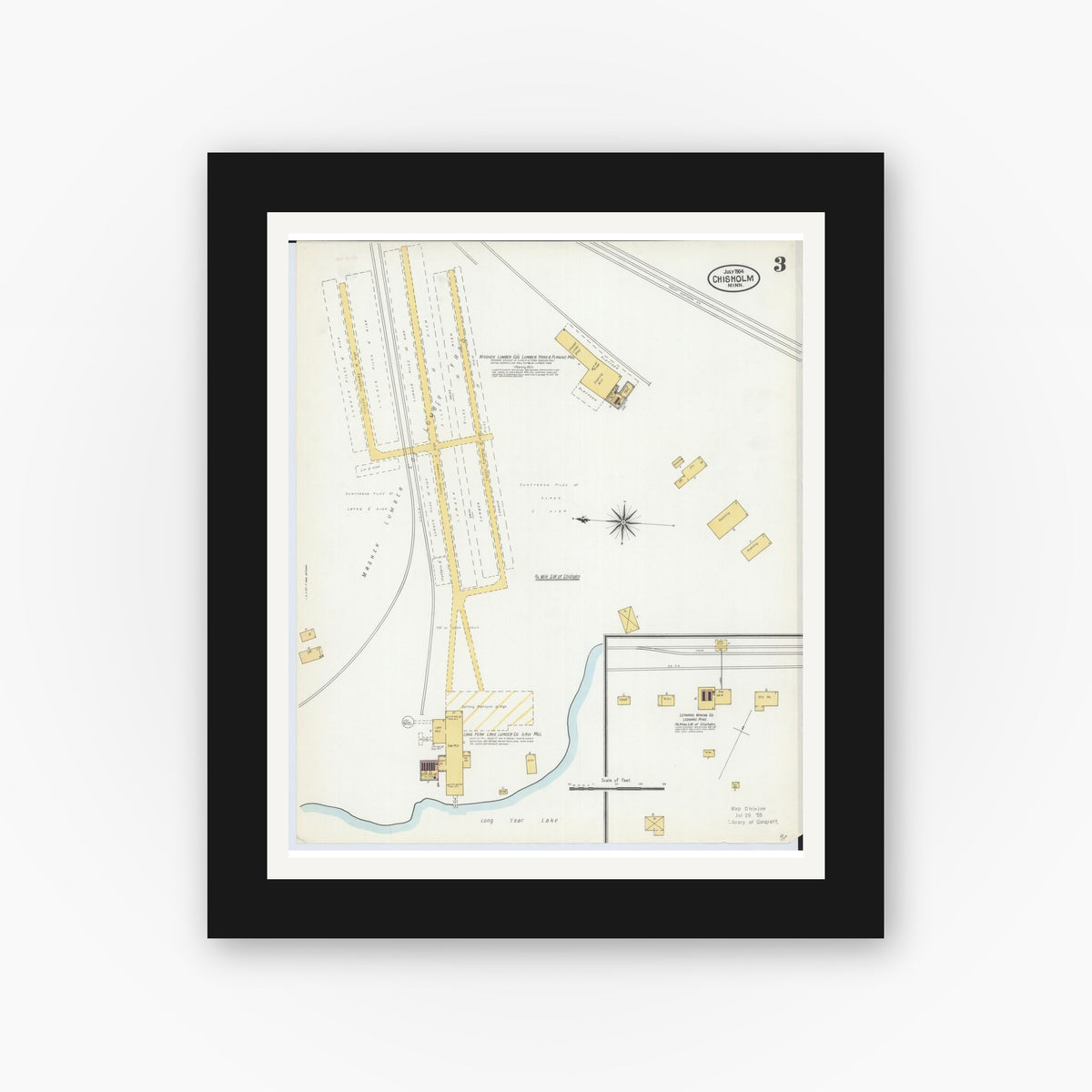 Old map wall art mockup — black gallery frame with white mat — Sanborn Fire Insurance Map from Chisholm, Saint Louis County, Minnesota (1904), Sheet #0003