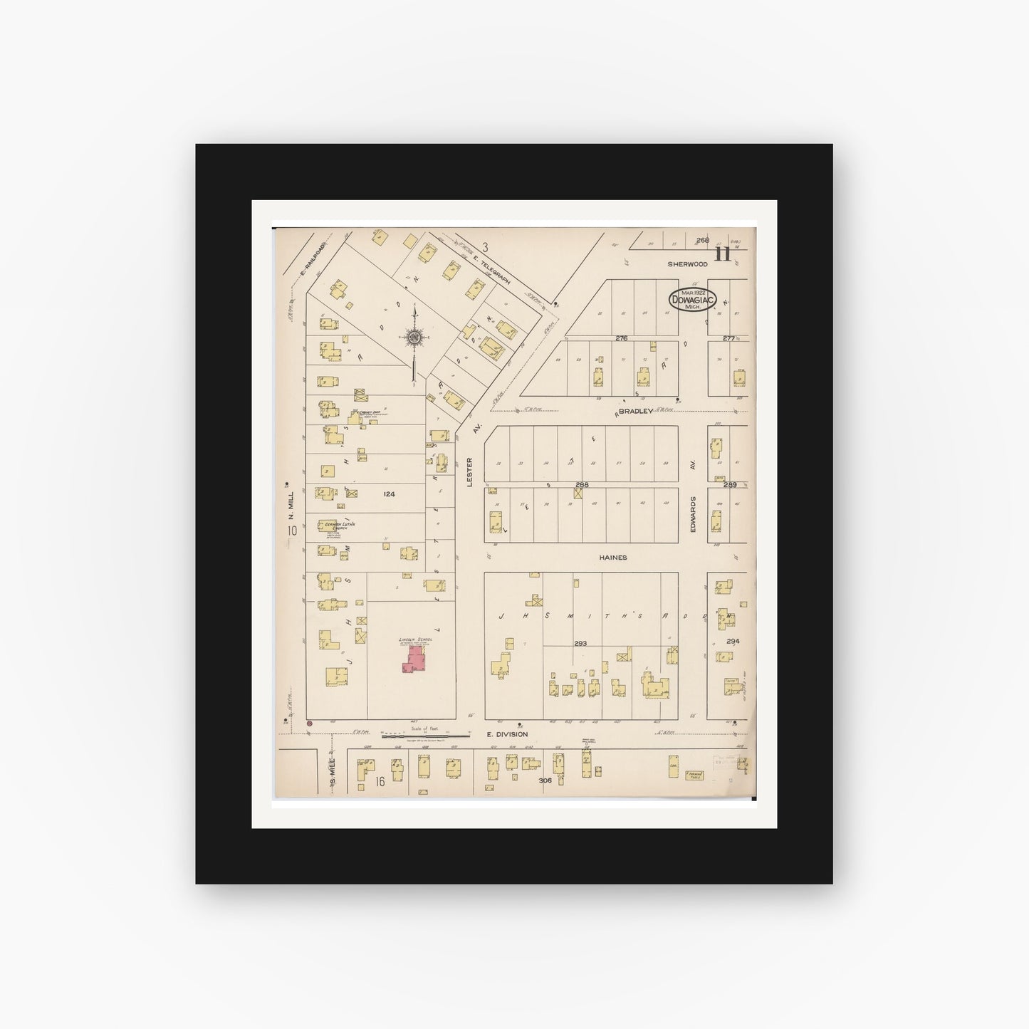 Old map wall art mockup — black gallery frame with white mat — Sanborn Fire Insurance Map from Dowagiac, Cass County, Michigan (1922), Sheet #0011