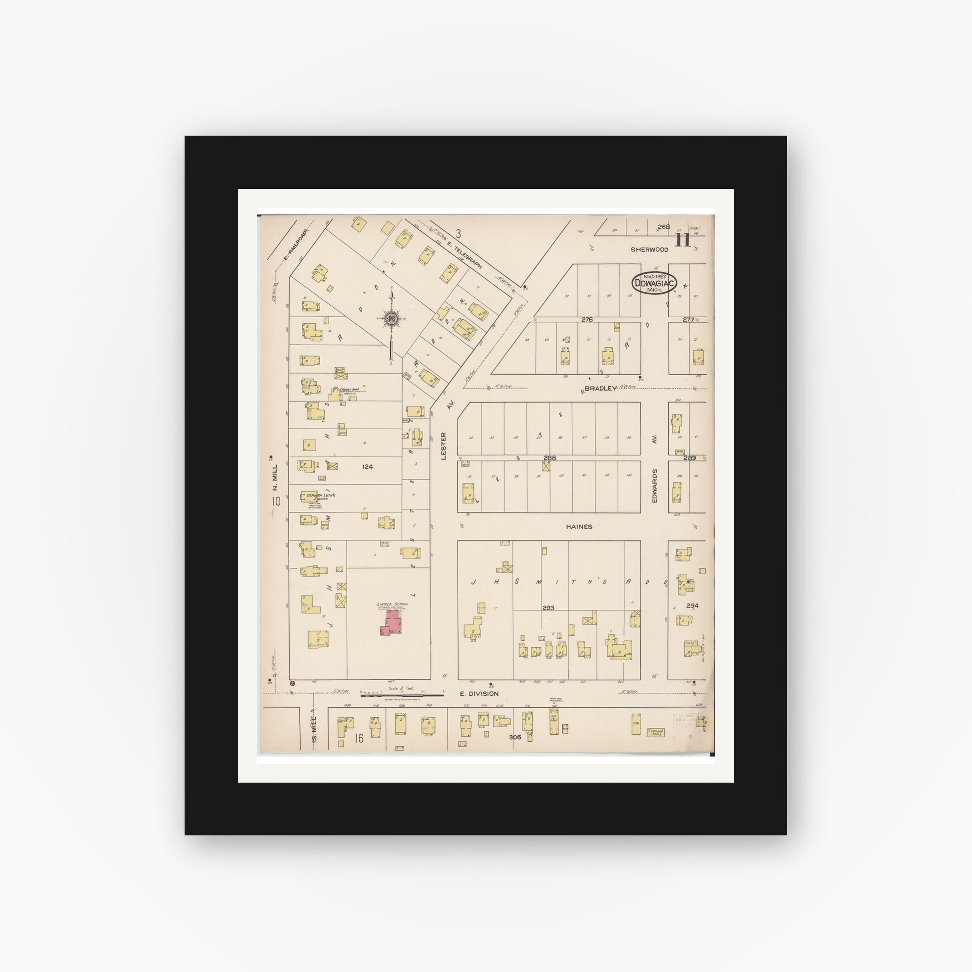 Old map wall art mockup — black gallery frame with white mat — Sanborn Fire Insurance Map from Dowagiac, Cass County, Michigan (1922), Sheet #0011