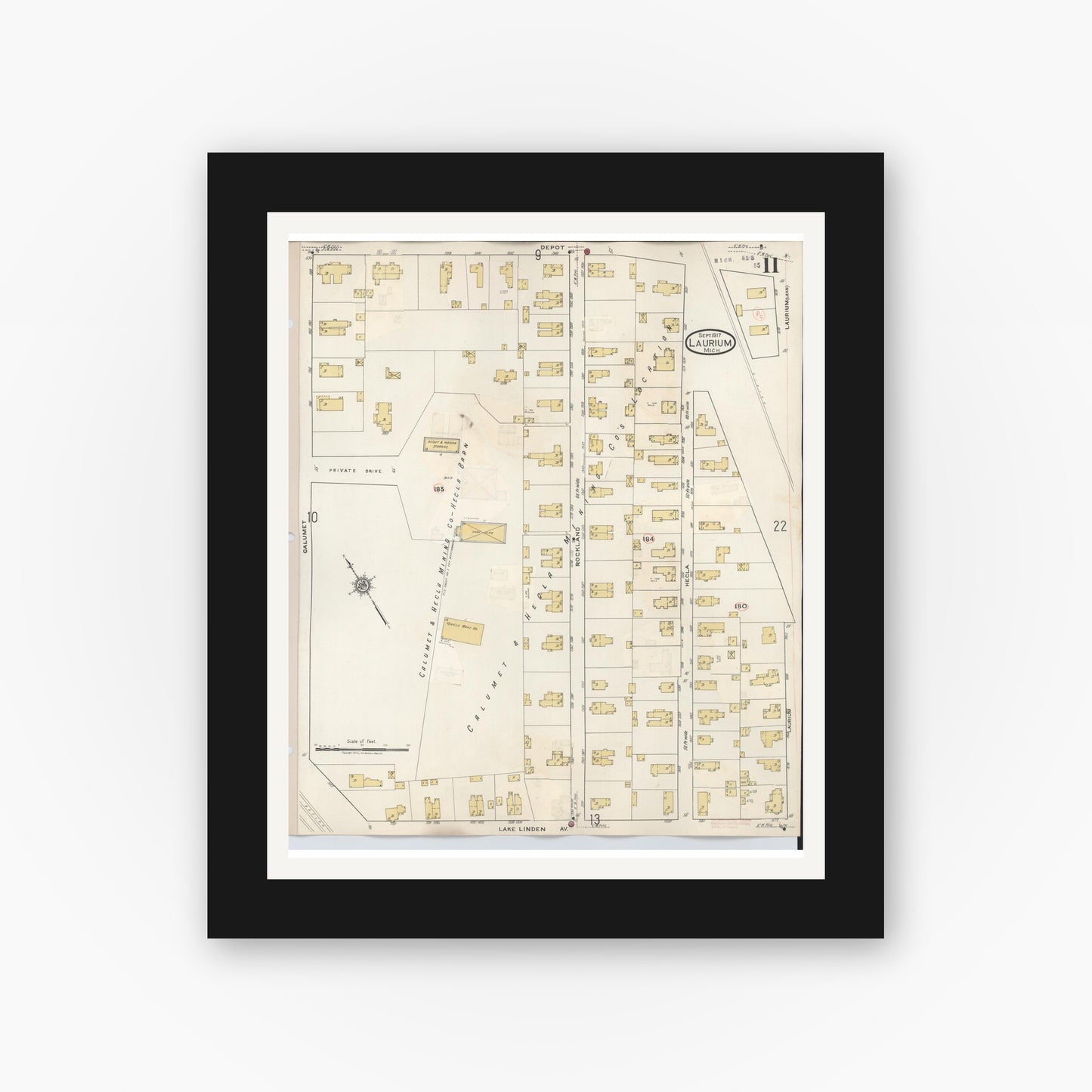 Old map wall art mockup — black gallery frame with white mat — Sanborn Fire Insurance Map from Laurium, Houghton County, Michigan (1949), Sheet #0011