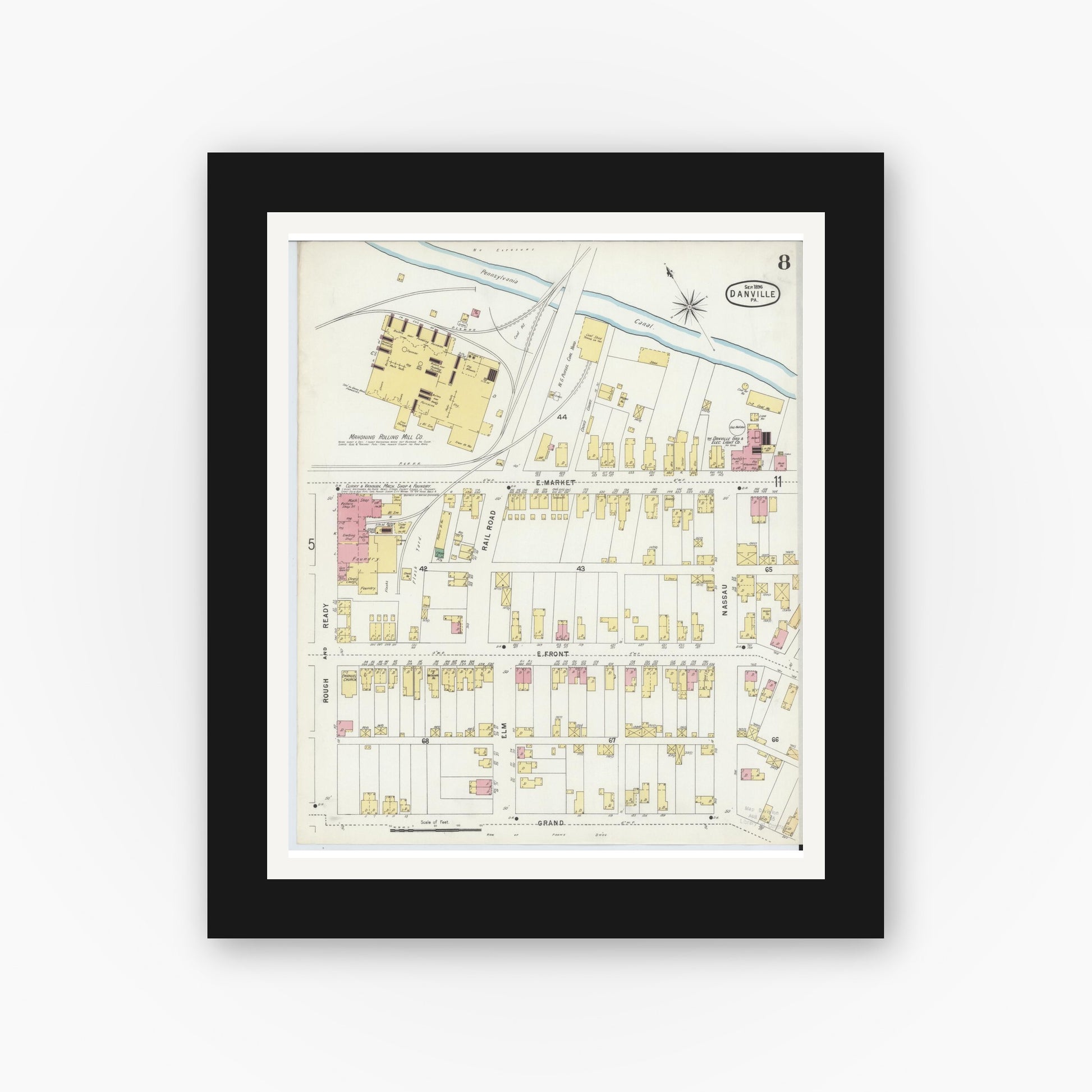 Old map wall art mockup — black gallery frame with white mat — Sanborn Fire Insurance Map from Danville, Montour County, Pennsylvania (1896), Sheet #0008