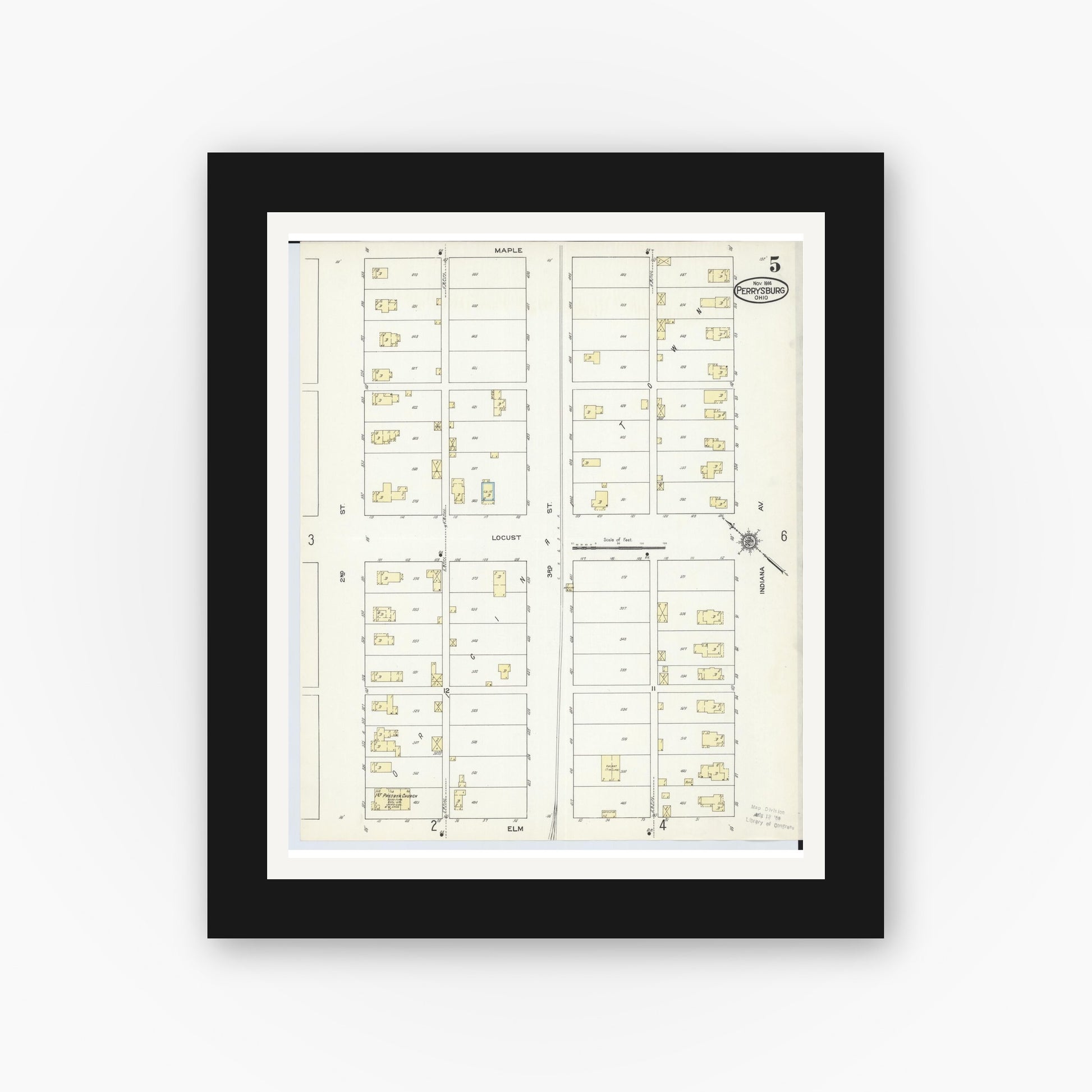 Old map wall art mockup — black gallery frame with white mat — Sanborn Fire Insurance Map from Perrysburg, Wood County, Ohio (1914), Sheet #0005
