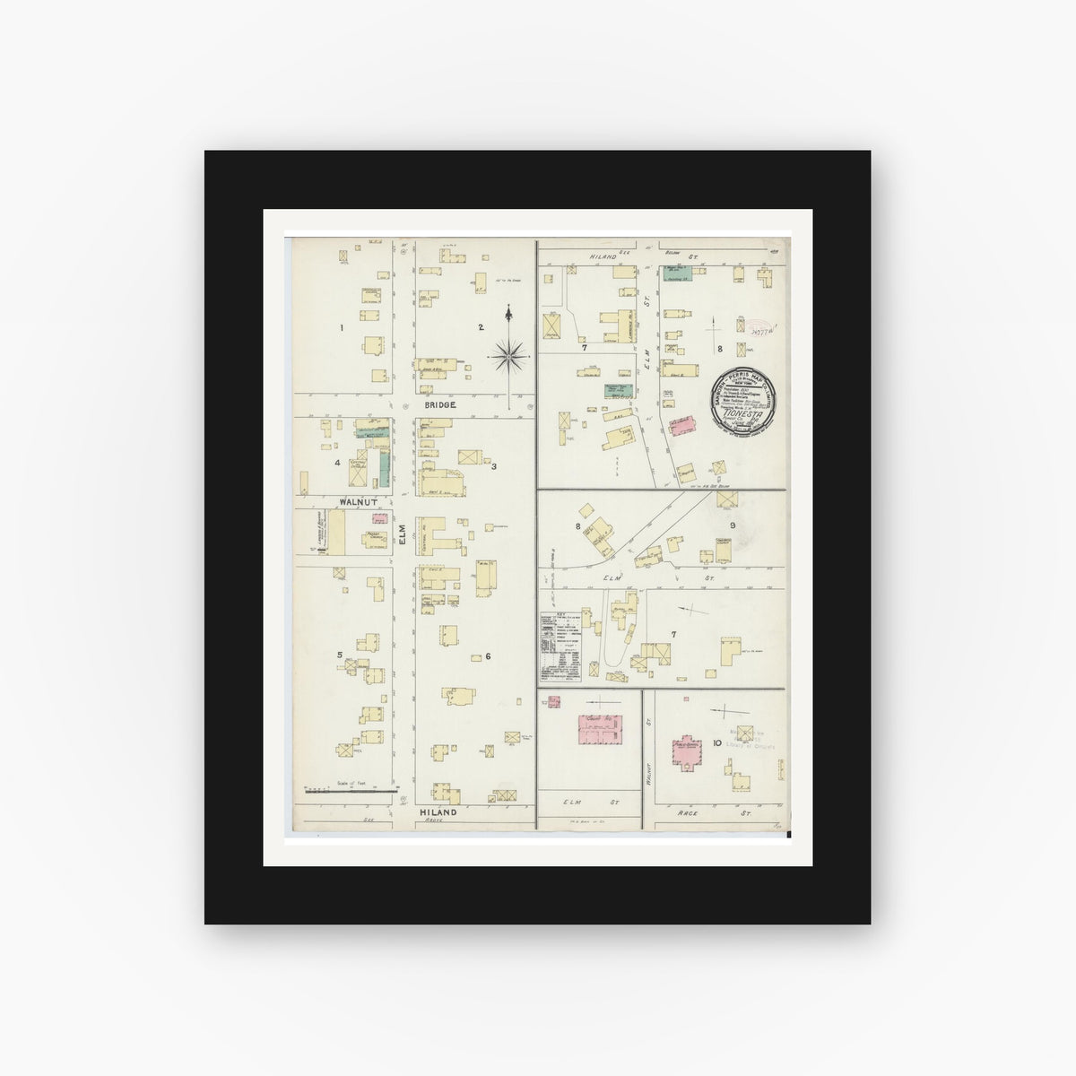 Old map wall art mockup — black gallery frame with white mat — Sanborn Fire Insurance Map from Tionesta, Forest County, Pennsylvania (1891), Sheet #0001