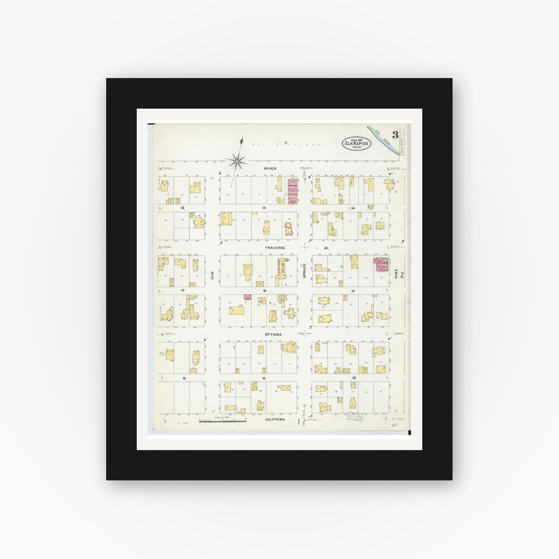 Old map wall art mockup — black gallery frame with white mat — Sanborn Fire Insurance Map from Elk Rapids, Antrim County, Michigan (1907), Sheet #0003