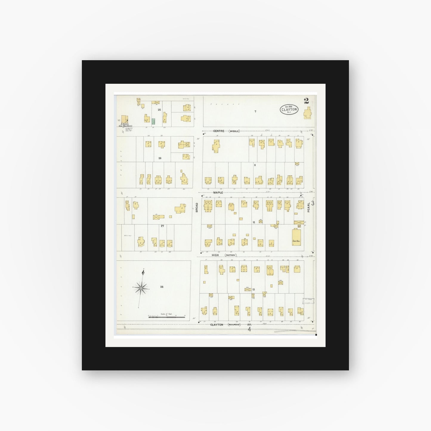 Old map wall art mockup — black gallery frame with white mat — Sanborn Fire Insurance Map from Clayton, Gloucester County, New Jersey (1900), Sheet #0002