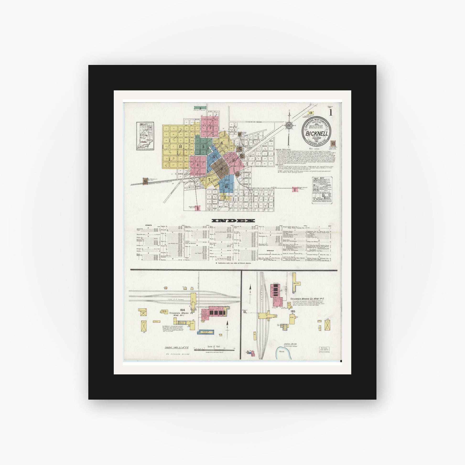 Old map wall art mockup — black gallery frame with white mat — Sanborn Fire Insurance Map from Bicknell, Knox County, Indiana (1921) - Complete Map Set