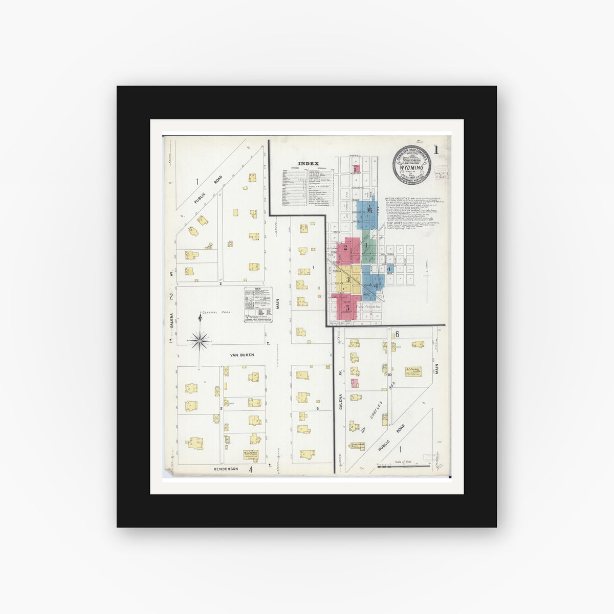 Old map wall art mockup — black gallery frame with white mat — Sanborn Fire Insurance Map from Wyoming, Stark County, Illinois (1907) - Complete Map Set