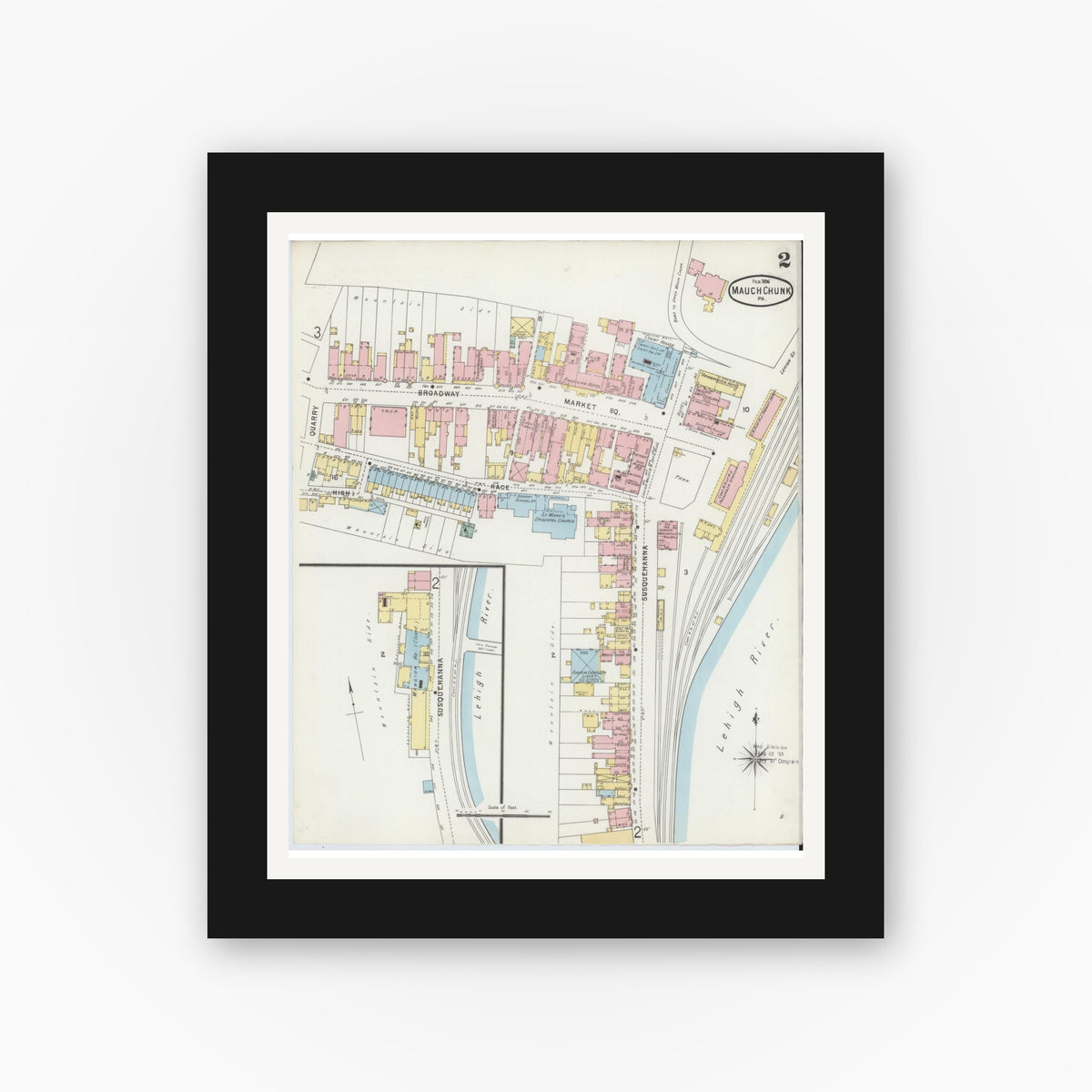 Old map wall art mockup — black gallery frame with white mat — Sanborn Fire Insurance Map from Mauch Chunk, Carbon County, Pennsylvania (1896), Sheet #0002