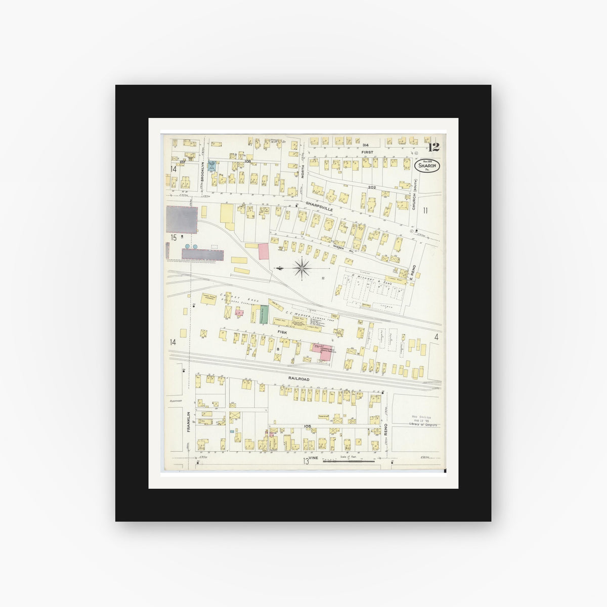 Old map wall art mockup — black gallery frame with white mat — Sanborn Fire Insurance Map from Sharon, Mercer County, Pennsylvania (1908), Sheet #0012