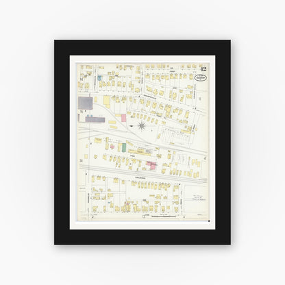 Old map wall art mockup — black gallery frame with white mat — Sanborn Fire Insurance Map from Sharon, Mercer County, Pennsylvania (1908), Sheet #0012