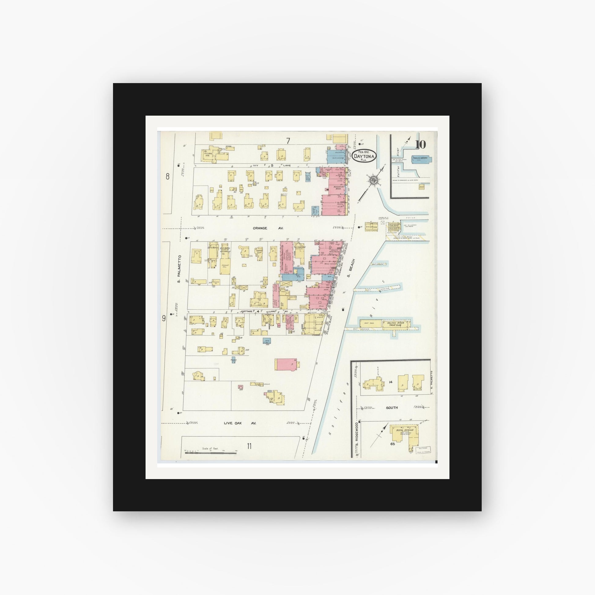 Old map wall art mockup — black gallery frame with white mat — Sanborn Fire Insurance Map from Daytona, Volusia County, Florida (1912), Sheet #0010