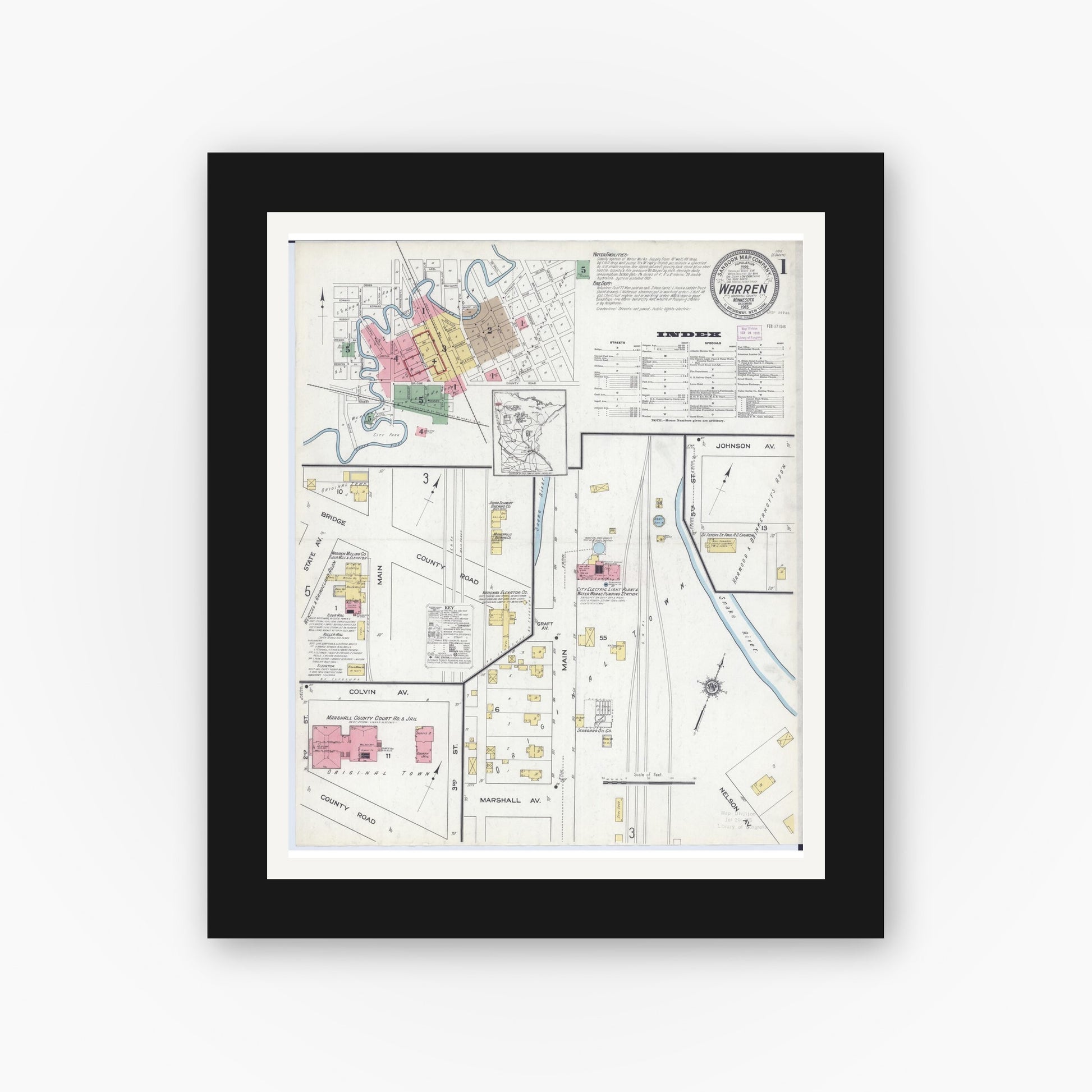 Old map wall art mockup — black gallery frame with white mat — Sanborn Fire Insurance Map from Warren, Marshall County, Minnesota (1915) - Complete Map Set