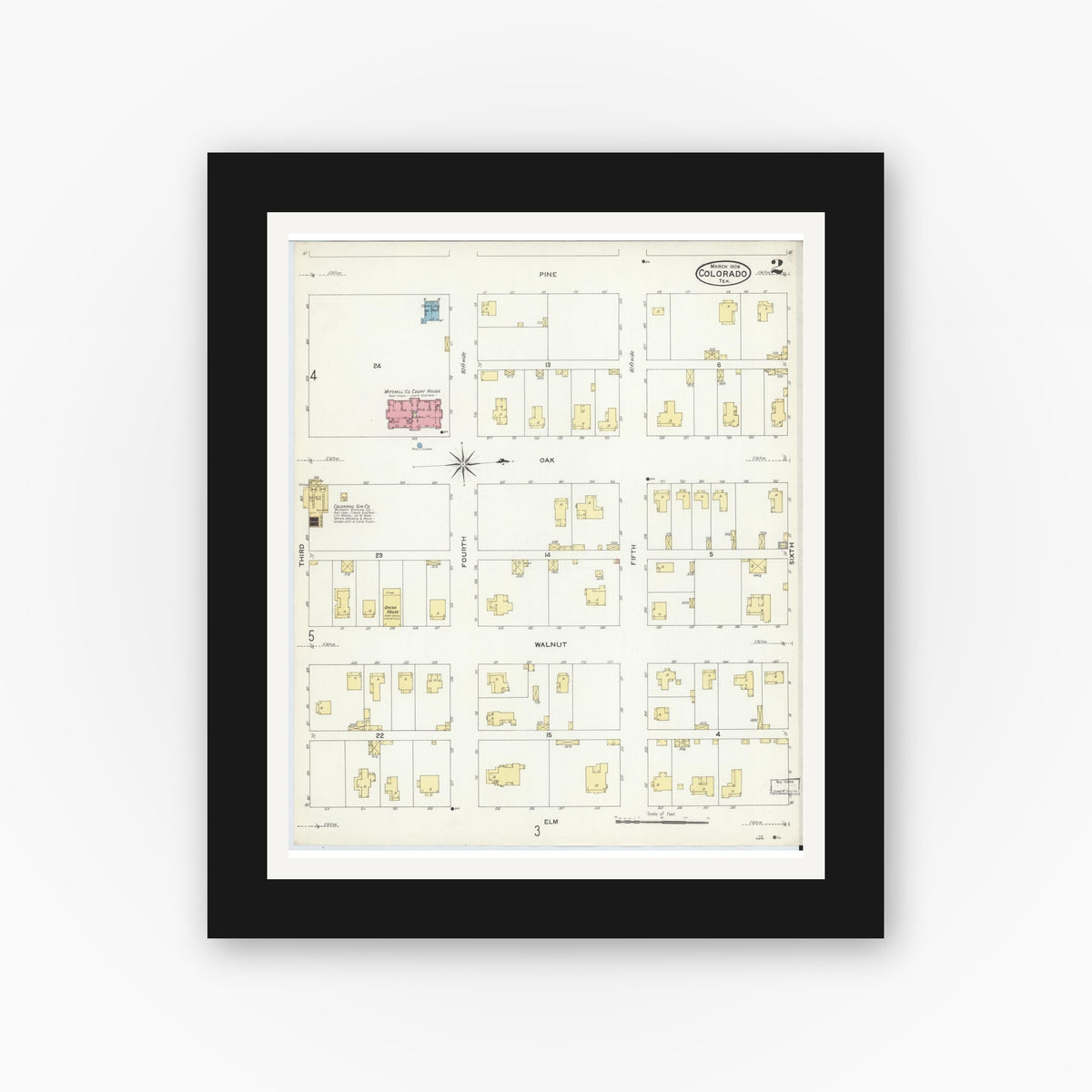 Old map wall art mockup — black gallery frame with white mat — Sanborn Fire Insurance Map from Colorado, Mitchell County, Texas (1908), Sheet #0002