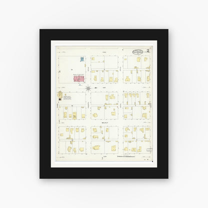 Old map wall art mockup — black gallery frame with white mat — Sanborn Fire Insurance Map from Colorado, Mitchell County, Texas (1908), Sheet #0002