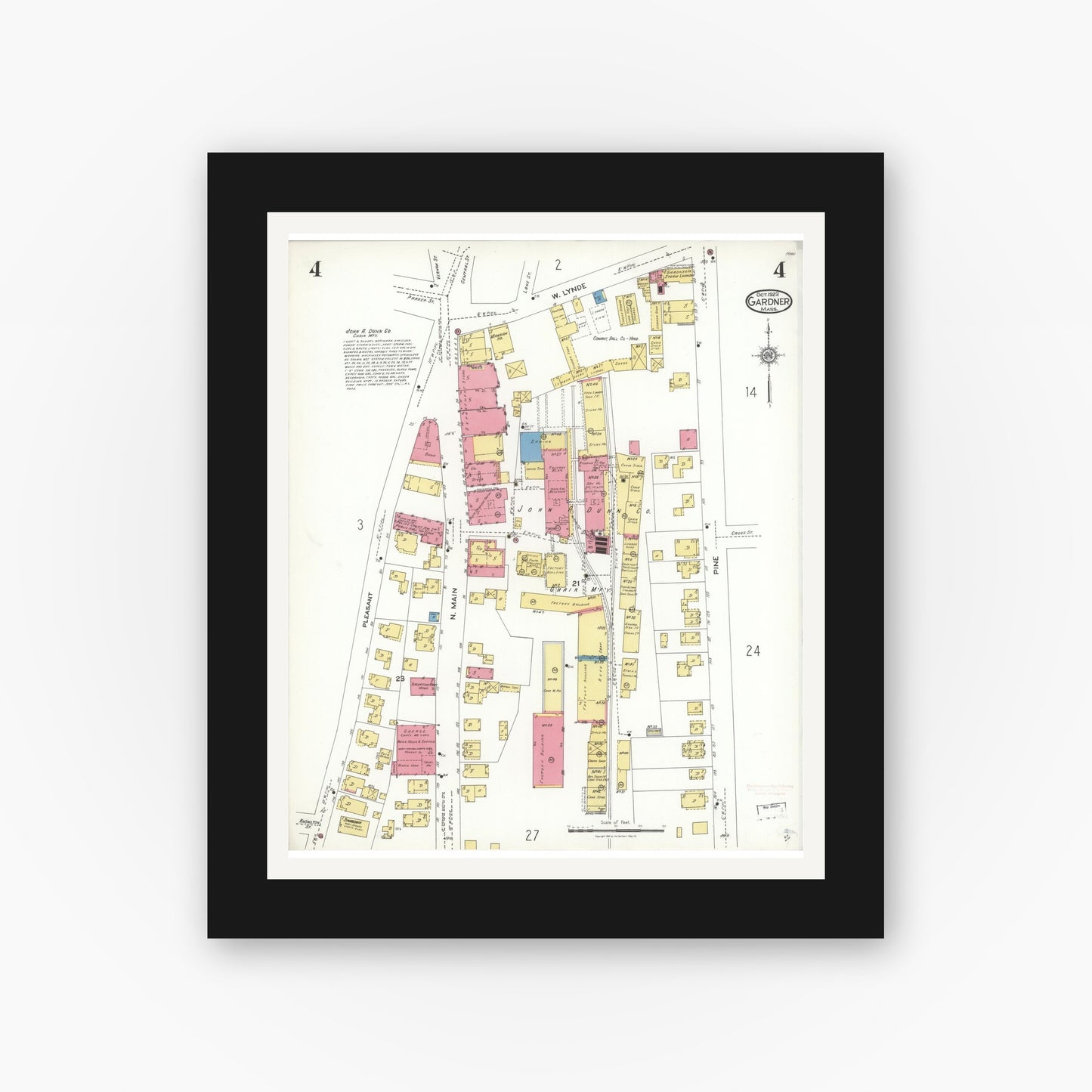 Old map wall art mockup — black gallery frame with white mat — Sanborn Fire Insurance Map from Gardner, Worcester County, Massachusetts (1923), Sheet #0004