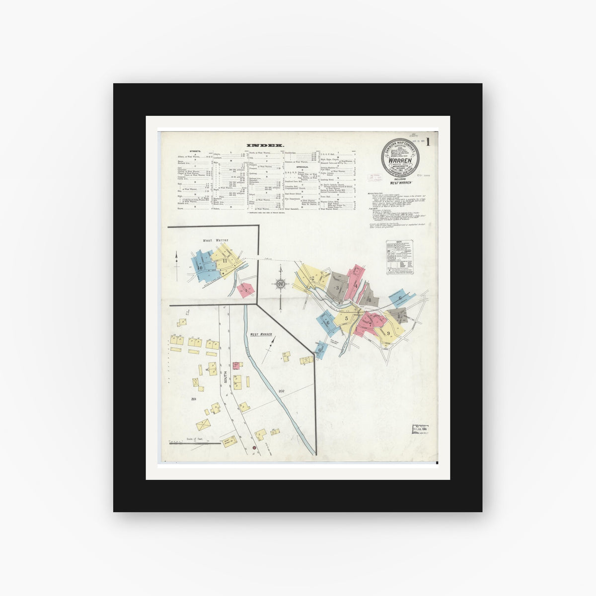 Old map wall art mockup — black gallery frame with white mat — Sanborn Fire Insurance Map from Warren, Worcester County, Massachusetts (1911), Sheet #0001