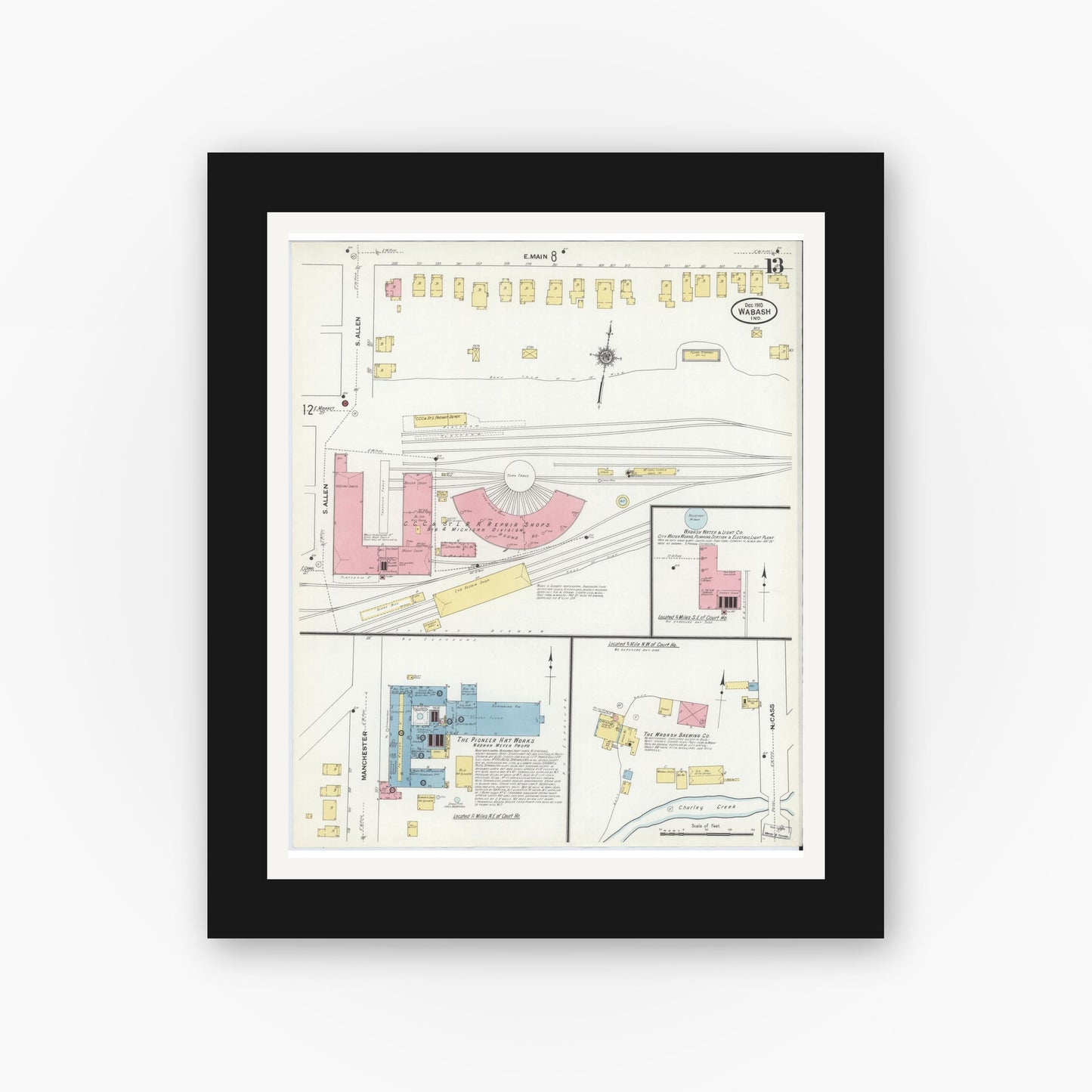 Old map wall art mockup — black gallery frame with white mat — Sanborn Fire Insurance Map from Wabash, Wabash County, Indiana (1910), Sheet #0013