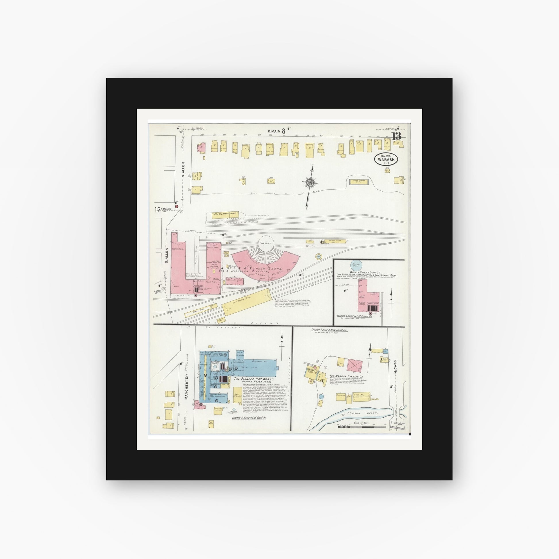 Old map wall art mockup — black gallery frame with white mat — Sanborn Fire Insurance Map from Wabash, Wabash County, Indiana (1910), Sheet #0013